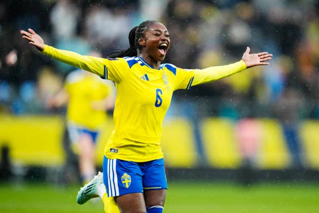 GOTHENBURG, SWEDEN 20260414 Sweden s Monica Jusu Bah celebrates after her goal, 1-0, during Tuesday s World Cup qualifying soccer match between Sweden and Denmark at Gamla Ullevi in Gothenburg. GÖTEBORG SWEDEN x9200x