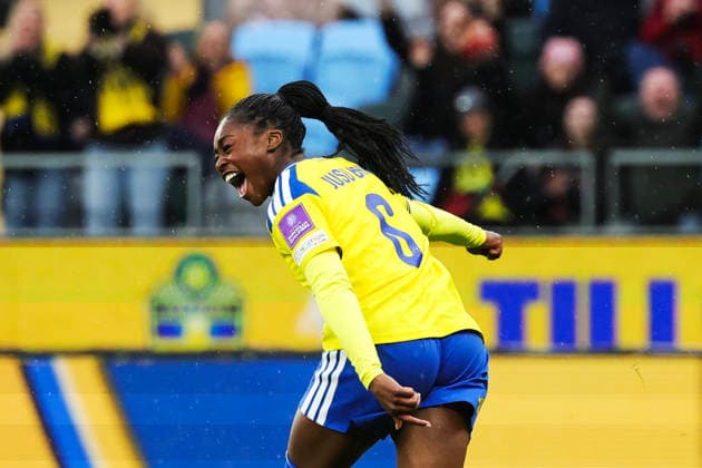 GÖTEBORG, SVERIGE 20260414 Sveriges Monica Jusu Bah jublar efter sitt mal, 1-0, under tisdagens fotbollsmatch i VM-kvalet mellan Sverige och Danmark pa Gamla Ullevi i Göteborg. GÖTEBORG SVERIGE x9200x Copyright: xAdamxIhse TTx VM-KVAL SVERIGE-DANMARK