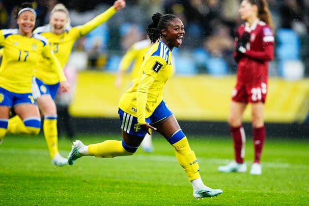 GOTHENBURG, SWEDEN 20260414 Sweden s Monica Jusu Bah celebrates after her goal, 1-0, during Tuesday s World Cup qualifying soccer match between Sweden and Denmark at Gamla Ullevi in Gothenburg. GÖTEBORG SWEDEN x9200x