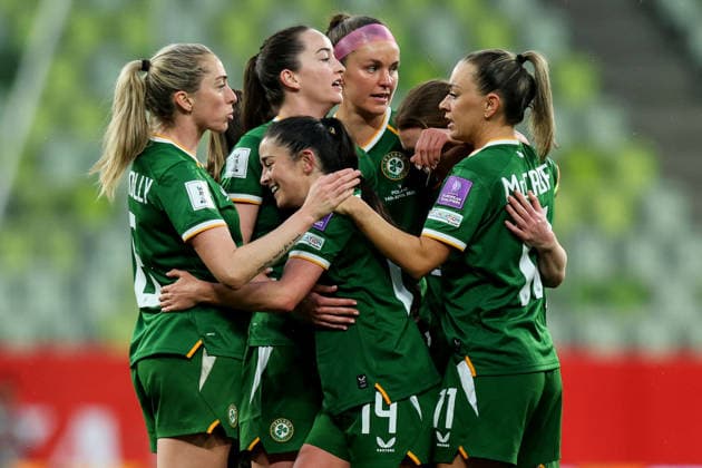 2027 FIFA Women s World Cup European Qualifiers, Polsat Plus Arena, Gdansk, Poland 14 4 2026 Poland vs Republic of Ireland WNT Ireland™s Marissa Sheva celebrates with team mates after she scores her sides 3rd goal of the match Marissa Sheva celebrates with team mates after she scores her sides 3rd goal of the match 14 4 2026  Copyright: x INPHO RyanxByrnex RB1_5619