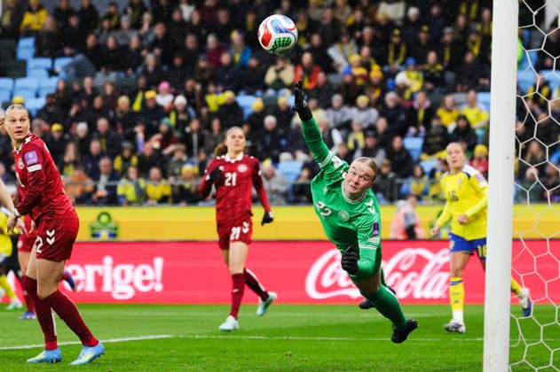 GOTHENBURG, SWEDEN 20260414 Denmark s goalkeeper Freja R. Thisgaard and Stine Sandbech 12 watch the ball go over the post during Tuesday s World Cup qualifying soccer match between Sweden and Denmark at Gamla Ullevi in Gothenburg. GÖTEBORG SWEDEN x9200x