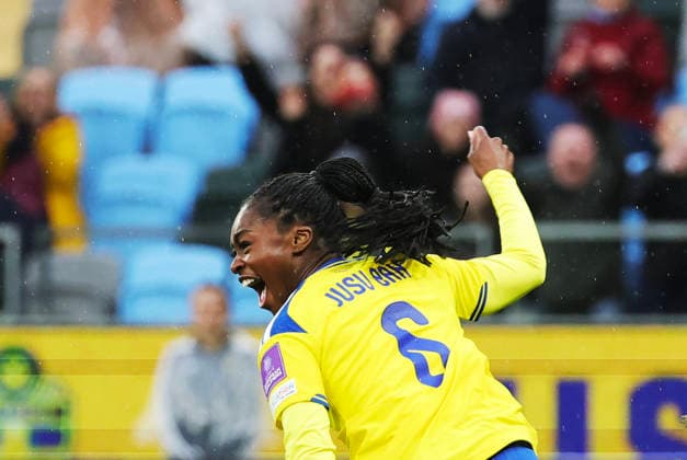 GOTHENBURG, SWEDEN 20260414 Sweden s Monica Jusu Bah celebrates after her goal, 1-0, during Tuesday s World Cup qualifying soccer match between Sweden and Denmark at Gamla Ullevi in Gothenburg. GÖTEBORG SWEDEN x9200x
