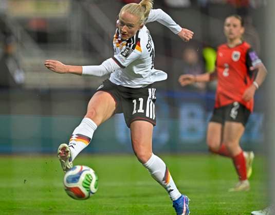 14.04.2026, WM-Qualifikation Europa, Frauen 2026, 3.Spieltag, Deutschland - Österreich, im Max-Morlock-Stadion Nürnberg, das 5:1 von Lea Schüller (Deutschland)