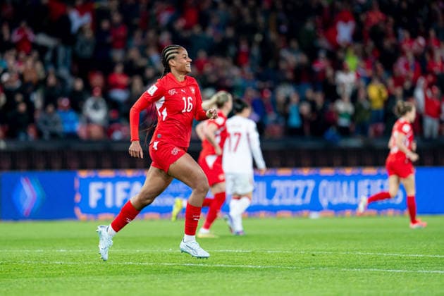 ZURICH, SWITZERLAND - APRIL 14: Aurelie Csillag (16 Switzerland) celebrating after scoring teams first goal during the UEFA Womens European Qualifiers for 2027 FIFA Womens World Cup match between Switzerland and Turkey at Letzigrund Stadium on April 14, 2026 in Zurich Switzerland. Copyright: xPriscilaxBütlerx xSPPx Sportspressphoto_SPR129216