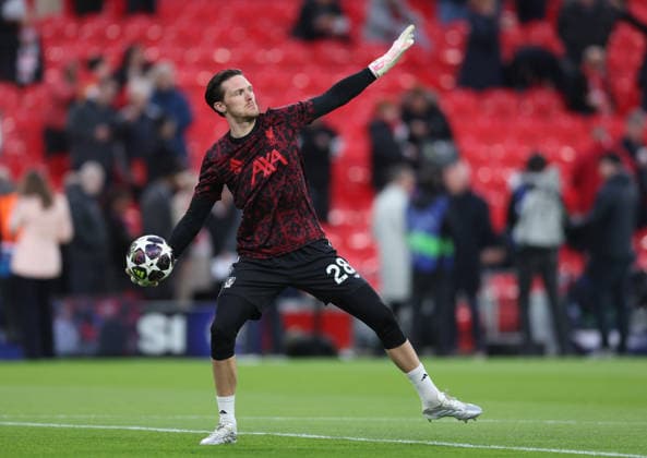 Liverpool, England, 14th April 2026. Freddie Woodman of Liverpool warms up before the Liverpool vs Paris Saint Germain UEFA Champions League quarter final 2nd leg match at Anfield, Liverpool. Picture credit should read: Jessica Hornby Sportimage EDITORIAL USE ONLY. No use with unauthorised audio, video, data, fixture lists, club league logos or live services. Online in-match use limited to 120 images, no video emulation. No use in betting, games or single club league player publications. SPI_032_JH_Liverpool_PSG SPI-4687-0028
