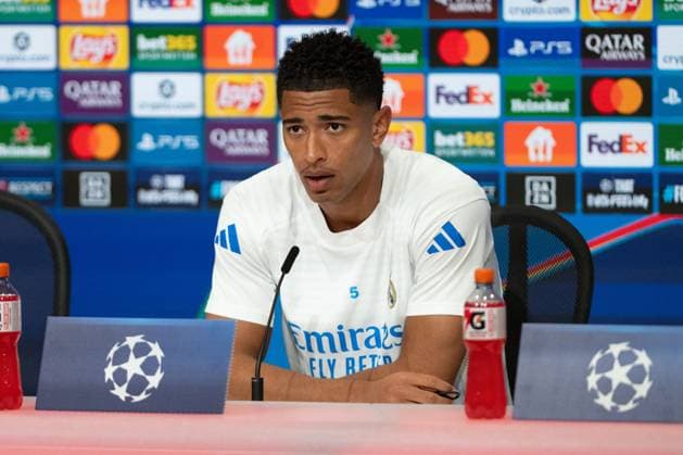 Jude Bellingham 5 (Real Madrid) bei der Pressekonferenz vor dem Spiel, FC Bayern Muenchen vs Real Madrid, Fussball, Champions League, Viertelfinale, 14.04.2026, Muenchen Bayern Deutschland