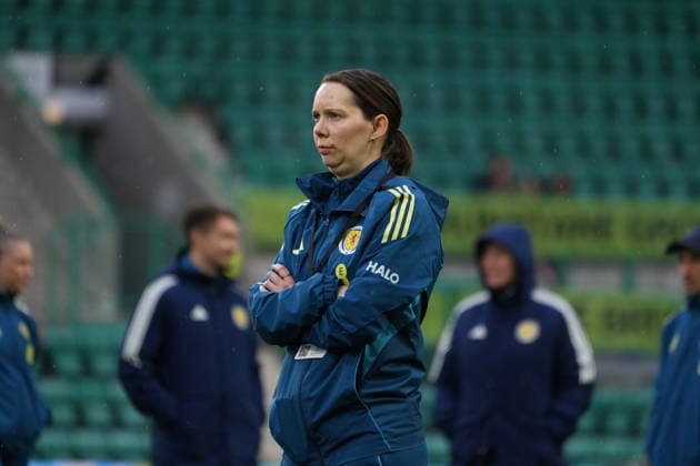 RECORD DATE NOT STATED 14th April 2026; Easter Road, Edinburgh, Scotland; Womens World Cup Qualifier Football, Scotland versus Belgium; Scotland Manager, Melissa Andreatta watches the warm up AlecxBrown