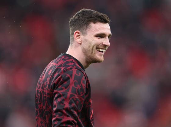 Liverpool, England, 14th April 2026. Andrew Robertson of Liverpool warms up before the Liverpool vs Paris Saint Germain UEFA Champions League quarter final 2nd leg match at Anfield, Liverpool. Picture credit should read: Jessica Hornby Sportimage EDITORIAL USE ONLY. No use with unauthorised audio, video, data, fixture lists, club league logos or live services. Online in-match use limited to 120 images, no video emulation. No use in betting, games or single club league player publications. SPI_036_JH_Liverpool_PSG SPI-4687-0035