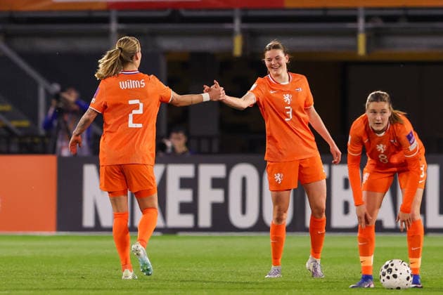 2026-04-14 Netherlands v France - UEFA Women s European Qualifiers - League Phase - Matchday 3 BREDA, NETHERLANDS - APRIL 14: Lynn Wilms of Netherlands, Renee van Asten of Netherlands celebrates after scoring the first goal of the team during the UEFA Women s European Qualifiers - League Phase - Matchday 3 match between Netherlands and France at Rat Verlegh Stadion on April 14, 2026 in Breda, Netherlands. Breda Rat Verlegh Stadion Netherlands Content not available for redistribution in The Netherlands directly or indirectly through any third parties. Copyright: xHansxvanxderxValkx