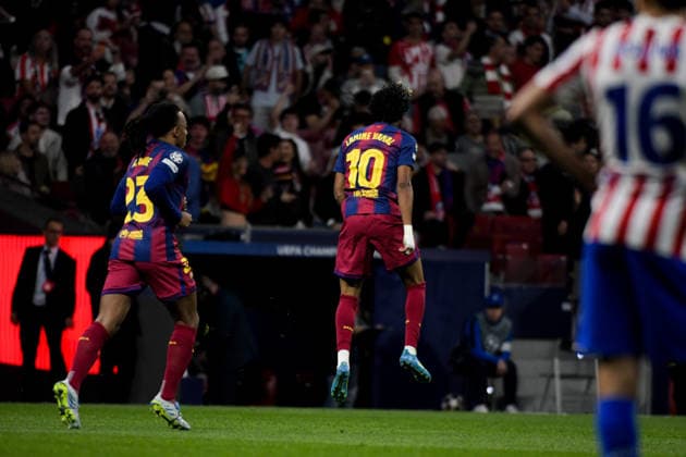 UEFA Champions League Quarter Finals Atletico Madrid v Barcelona Lamine Yamal of FC Barcelona, Barca celebrate his goal during the UEFA Champions League Quarter Finals match Atletico Madrid vs Barcelona at Riyadh Air Metropolitano, Madrid, Spain on 14 April 2026 (Photo by Samuel Carreno News Images) Madrid Riyadh Air Metropolitano Madrid Spain Copyright: xSamuelxCarreno NewsxImagesx