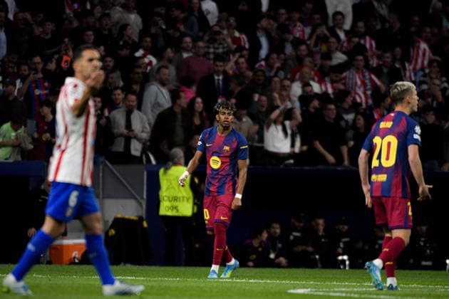 UEFA Champions League Quarter Finals Atletico Madrid v Barcelona Lamine Yamal of FC Barcelona, Barca celebrate his goal during the UEFA Champions League Quarter Finals match Atletico Madrid vs Barcelona at Riyadh Air Metropolitano, Madrid, Spain on 14 April 2026 (Photo by Samuel Carreno News Images) Madrid Riyadh Air Metropolitano Madrid Spain Copyright: xSamuelxCarreno NewsxImagesx