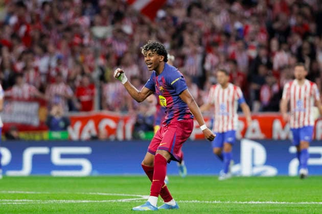 UEFA champions league - Atletico de Madrid vs FC Barcelona, Barca MADRID,SPAIN - 14 April:Lamine Yamal of FC Barcelona celebrates a goal during the UEFA Champions League 2025 26 Quarter-Final second Leg match between Atletico de Madrid and FC Barcelona at Riyadh Air Metropolitano Stadium. (Photo by Guille Martinez f22photo) Madrid Riyadh Air Metropolitano Stadium Spain Copyright: xGuillermoxMartinezx