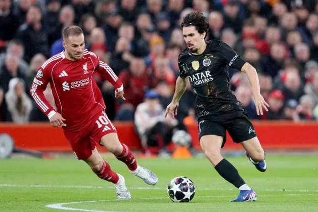 Liverpool FC v Paris Saint-Germain FC - UEFA Champions League 2025 26 Quarter-Final Second Leg Alexis Mac Allister of Liverpool and Vitinha of Paris Saint-Germain challenge during the UEFA Champions League 2025 26 Quarter-Final Second Leg match between Liverpool FC and Paris Saint-Germain FC at Anfield on April 14, 2026 in Liverpool, England. WARNING! This Photograph May Only Be Used For Newspaper And Or Magazine Editorial Purposes. May Not Be Used For Publications Involving 1 player, 1 Club Or 1 Competition Without Written Authorisation From Football DataCo Ltd. For Any Queries, Please Contact Football DataCo Ltd on +44 (0) 207 864 9121 Liverpool Anfield England United Kingdom Copyright: xAllstarxPicturexLibraryxLtdx