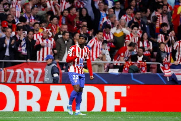 UEFA champions league - Atletico de Madrid vs FC Barcelona, Barca MADRID,SPAIN - 14 April:Ademola Lookman of Atletico de Madrid celebrates a goal during the UEFA Champions League 2025 26 Quarter-Final second Leg match between Atletico de Madrid and FC Barcelona at Riyadh Air Metropolitano Stadium. (Photo by Guille Martinez f22photo) Madrid Riyadh Air Metropolitano Stadium Spain Copyright: xGuillermoxMartinezx
