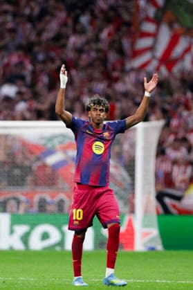 UEFA champions league - Atletico de Madrid vs FC Barcelona, Barca MADRID,SPAIN - 14 April:Lamine Yamal of FC Barcelona celebrates a goal during the UEFA Champions League 2025 26 Quarter-Final second Leg match between Atletico de Madrid and FC Barcelona at Riyadh Air Metropolitano Stadium. (Photo by Guille Martinez f22photo) Madrid Riyadh Air Metropolitano Stadium Spain Copyright: xGuillermoxMartinezx