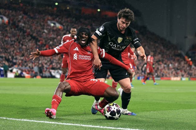 Liverpool v Paris Saint-Germain 14th April 2026 - UEFA Champions League - Quarter Final (2nd Leg) - Liverpool v Paris Saint-Germain - Jeremie Frimpong of Liverpool is challenged by Joao Neves of PSG - Photo: Simon Stacpoole Offside. Liverpool UK Copyright: xSimonxStacpoolexOffside