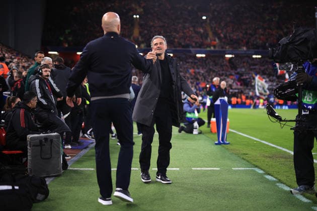 Liverpool v Paris Saint-Germain 14th April 2026 - UEFA Champions League - Quarter Final (2nd Leg) - Liverpool v Paris Saint-Germain - Paris Saint-Germain coach Luis Enrique greets Liverpool manager Arne Slot - Photo: Simon Stacpoole Offside. Liverpool UK Copyright: xSimonxStacpoolexOffside