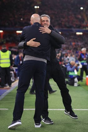 Liverpool v Paris Saint-Germain 14th April 2026 - UEFA Champions League - Quarter Final (2nd Leg) - Liverpool v Paris Saint-Germain - Paris Saint-Germain coach Luis Enrique greets Liverpool manager Arne Slot - Photo: Simon Stacpoole Offside. Liverpool UK Copyright: xSimonxStacpoolexOffside