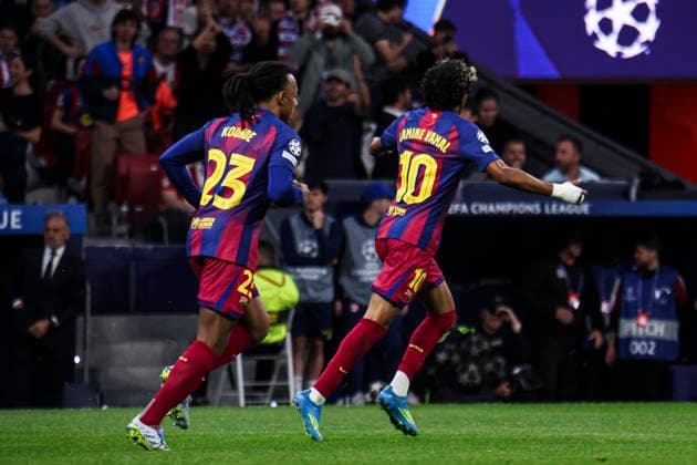 Atletico de Madrid vs. FC Barcelona, Barca on the 2025 26 UEFA Champions League Quarter-Final Second Leg match UEFA champions league - Atletico de Madrid vs FC Barcelona, MADRID, SPAIN, 14 April: Lamine Yamal celebrates his goal during the UEFA Champions League 2025 26 Quarter-Final second Leg match between Atletico de Madrid and FC Barcelona at Riyadh Air Metropolitano Stadium. Madrid Madrid Spain Copyright: xAlejandroxMatiasx