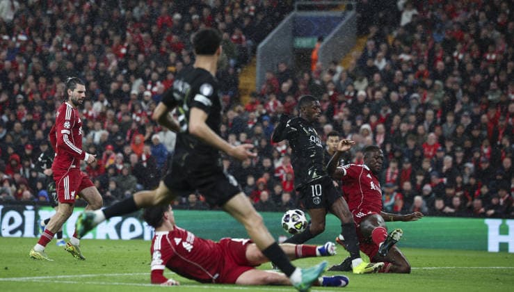 Liverpool v PSG, UEFA Champions League, Quater Final, 2nd Leg 14.04.26 Liverpool v PSG, UEFA Champions League, Quater Final, 2nd Leg Bradley Ormesher The Times Ibrahima Konaté of Liverpool tackles Ousmane Dembélé of PSG  Copyright: xBradleyxOrmesherx NINTCHDBPICT001073548706