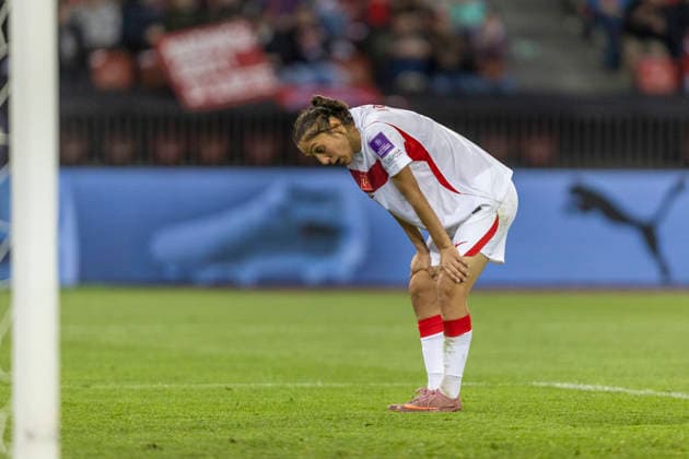 14 04 2026, Zurich, Letzigrund, European Qualifiers Women: Switzerland - Turkey, Eda Karatas of TurkiÌ‡ye looks dejected and disappointed Zurich Letzigrund Zurich Switzerland Copyright: xJustPictures.ch PascalxKesselmarkx jp-en-PaKe-_62A0989