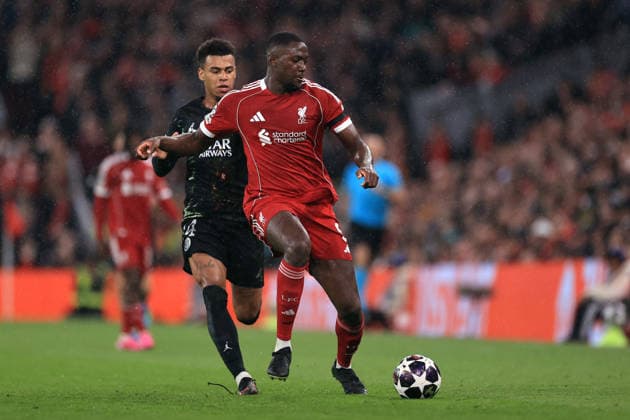 Liverpool v Paris Saint-Germain 14th April 2026 - UEFA Champions League - Quarter Final (2nd Leg) - Liverpool v Paris Saint-Germain - Ibrahima Konate of Liverpool is challenged by Desire Doue of Paris Saint-Germain - Photo: Simon Stacpoole Offside. Liverpool UK Copyright: xSimonxStacpoolexOffside
