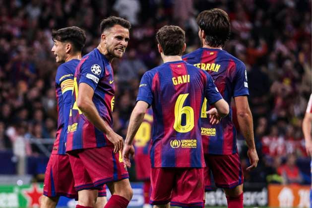 UEFA Champions League quarterfinal second leg soccer match Atletico Madrid vs FC Barcelona, Barca at Riyadh Air Metropolitano stadium in Madrid, Spain. 14 April 2026 Ferran Torres celebrates a goal 900 Cordon Press  900 CordonxPress LOF - Champions League Atletico Madrid vs FC Barcelona