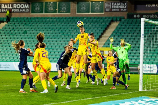 Scotland Women v Belgium Women, Women s World Cup Qualifier Zenia Mertens (16 - Belgium) heads away a Scotland cross during the Women s World Cup Qualifier match between Scotland Women and Belgium Women at Easter Road, Edinburgh, UK on 14 April 2026. Editorial use only , Copyright: xRaymondxDaviesx PSI-24059-0044