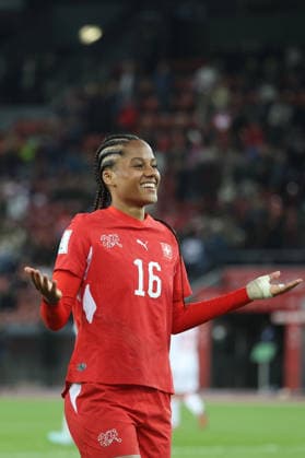 Frauen Schweiz - Tuerkei Torjubel Aurelie Csillag (Schweiz) 14.04.2026 Stadion Letzigrund Zuerich, SCHWEIZ, Saison 2025 2026 Frauen Fussball Nationalmannschaft WM Qualifikation Schweiz - Tuerkei Torjubel Aurelie Csillag (Schweiz) nach dem Treffer zum 1:0