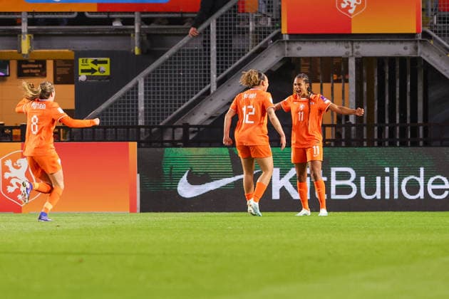 2026-04-14 Netherlands v France - UEFA Women s European Qualifiers - League Phase - Matchday 3 BREDA, NETHERLANDS - APRIL 14: Esmee Brugts of Netherlands, Chasity Grant of Netherlands celebrates after scoring the second goal of the team during the UEFA Women s European Qualifiers - League Phase - Matchday 3 match between Netherlands and France at Rat Verlegh Stadion on April 14, 2026 in Breda, Netherlands. Breda Rat Verlegh Stadion Netherlands Content not available for redistribution in The Netherlands directly or indirectly through any third parties. Copyright: xHansxvanxderxValkx