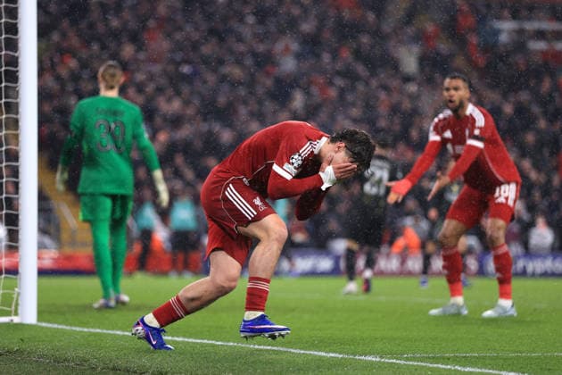 Liverpool v Paris Saint-Germain 14th April 2026 - UEFA Champions League - Quarter Final (2nd Leg) - Liverpool v Paris Saint-Germain - Milos Kerkez of Liverpool reacts after missing a chance - Photo: Simon Stacpoole Offside. Liverpool UK Copyright: xSimonxStacpoolexOffside