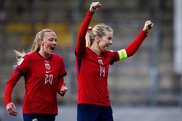 260414 Ada Hegerberg of Norway celebrates after scoring 5-0 during the FIFA Women s World Cup Qualifier football match between Norway and Slovenia on April 14, 2026 in Lillestrom. Photo: Marius Simensen BILDBYRAN COP 238 VG0919 bbeng dam FIFA World Cup, WM, Weltmeisterschaft, Fussball qualifiers football fotball fotboll jubel landskamp norge norway slovenia slovenien soccer vm kvalik vm-kvalifisering kvinner Copyright: MARIUSxSIMENSEN BB260414BB985