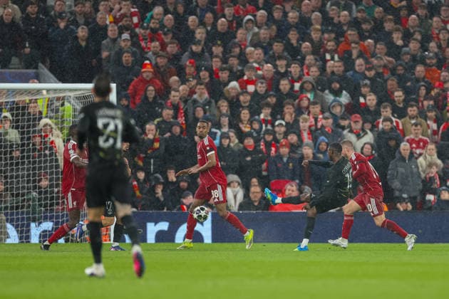 Football - UEFA Champions League - Quarter-Final - 2nd Leg - Liverpool FC v Paris Saint-Germain FC LIVERPOOL, ENGLAND - Tuesday, April 14, 2026: Paris Saint-Germain s Ousmane DembÃ lÃ scores the first goal during the UEFA Champions League Quarter-Final 2nd Leg match between Liverpool FC and Paris Saint-Germain FC at Anfield. (Photo by David Rawcliffe Propaganda) LIVERPOOL Anfield MERSEYSIDE ENGLAND  Copyright: xDavidxRawcliffex P2026-04-14-Liverpool_PSG-100