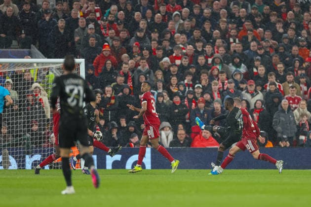 Football - UEFA Champions League - Quarter-Final - 2nd Leg - Liverpool FC v Paris Saint-Germain FC LIVERPOOL, ENGLAND - Tuesday, April 14, 2026: Paris Saint-Germain s Ousmane DembÃ lÃ scores the first goal during the UEFA Champions League Quarter-Final 2nd Leg match between Liverpool FC and Paris Saint-Germain FC at Anfield. (Photo by David Rawcliffe Propaganda) LIVERPOOL Anfield MERSEYSIDE ENGLAND  Copyright: xDavidxRawcliffex P2026-04-14-Liverpool_PSG-101