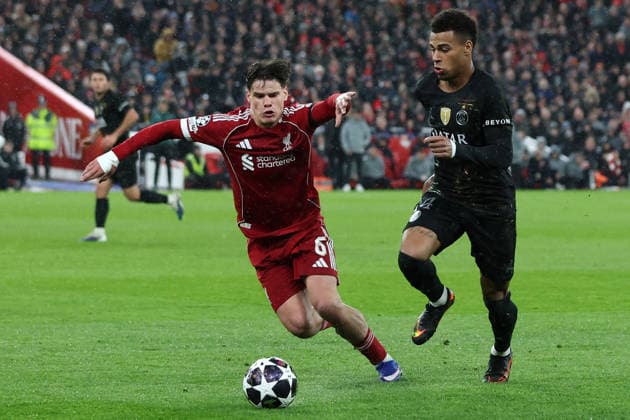 RECORD DATE NOT STATED 14th April 2026; Anfield, Liverpool, Merseyside, England; UEFA Champions League Football, Liverpool versus Paris Saint Germain; Desire Doue of Paris Saint Germain takes on Milos Kerkez of Liverpool DavidxBlunsden