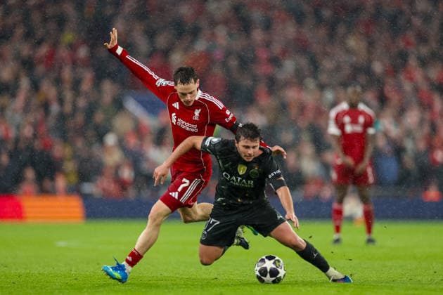 Football - UEFA Champions League - Quarter-Final - 2nd Leg - Liverpool FC v Paris Saint-Germain FC LIVERPOOL, ENGLAND - Tuesday, April 14, 2026: Liverpool s Florian Wirtz is challenged by Paris Saint-Germain s Joao Neves (R) during the UEFA Champions League Quarter-Final 2nd Leg match between Liverpool FC and Paris Saint-Germain FC at Anfield. (Photo by David Rawcliffe Propaganda) LIVERPOOL Anfield MERSEYSIDE ENGLAND  Copyright: xDavidxRawcliffex P2026-04-14-Liverpool_PSG-117