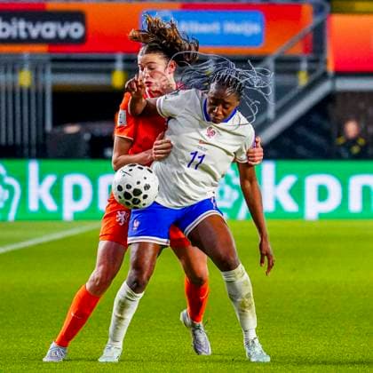 Kadidiatou Diani of France and Renee van Asten of the Netherlands battle for the ball Netherlands v France, FIFA Women s World Cup 2027 Qualifier, Netherlands v France, Rat Verlegh Stadion, April 14, 2026, Breda, Netherlands.