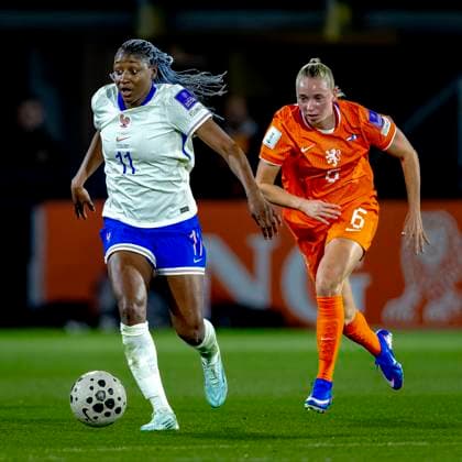 BREDA - France player Kadidiatou Diani, Netherlands player Ella Peddemors during the European qualifying match between the Netherlands and France at Rat Verlegh Stadium on April 14 in Breda, the Netherlands. (Photo by DeFodi Images) -