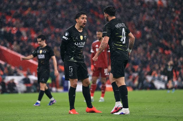 Liverpool v Paris Saint-Germain 14th April 2026 - UEFA Champions League - Quarter Final (2nd Leg) - Liverpool v Paris Saint-Germain - Marquinhos and Lucas Beraldo of Paris Saint-Germain celebrate the second goal - Photo: Simon Stacpoole Offside. Liverpool UK Copyright: xSimonxStacpoolexOffside