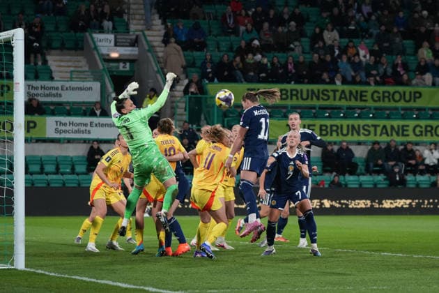 RECORD DATE NOT STATED 14th April 2026; Easter Road, Edinburgh, Scotland; Womens World Cup Qualifier Football, Scotland versus Belgium; Kathleen McGovern of Scotland misses a header wide of goal AlecxBrown