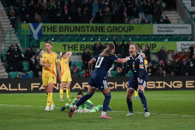 RECORD DATE NOT STATED 14th April 2026; Easter Road, Edinburgh, Scotland; Womens World Cup Qualifier Football, Scotland versus Belgium; Kathleen McGovern of Scotland scores to make the score 1-1 in the 90th minute and celebrates with Caroline Weir of Scotland AlecxBrown