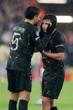 Liverpool FC v Paris Saint-Germain FC - UEFA Champions League 2025 26 Quarter-Final Second Leg Marquinhos and Joao Neves of Paris Saint-Germain during the UEFA Champions League 2025 26 Quarter-Final Second Leg match between Liverpool FC and Paris Saint-Germain FC at Anfield on April 14, 2026 in Liverpool, England. WARNING! This Photograph May Only Be Used For Newspaper And Or Magazine Editorial Purposes. May Not Be Used For Publications Involving 1 player, 1 Club Or 1 Competition Without Written Authorisation From Football DataCo Ltd. For Any Queries, Please Contact Football DataCo Ltd on +44 (0) 207 864 9121 Liverpool Anfield England United Kingdom Copyright: xAllstarxPicturexLibraryxLtdx