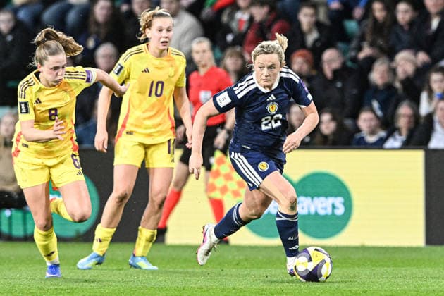 Scotland Women v Belgium Women FIFA Women s World Cup 2027 Qualifier Erin Cuthbert of Scotland Women dribbles the ball during the FIFA Women s World Cup 2027 Qualifier Group H match at Easter Road, Edinburgh 14 04 2026 UK Newspapers OUT Copyright: xJamiexJohnstonx FIL-23286-0221