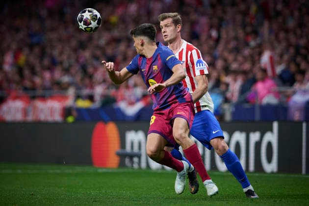 Atletico de Madrid v FC Barcelona, Barca - UEFA Champions League 2025 2026 - Quarter-final, 2nd leg Atletico de Madrid s Alexander Sorloth (r) and FC Barcelona™s Gerard Martin during Champions League 2025 2026, quarter-final, 2nd leg, April 14 ,2026. (ALTERPHOTOS Ropero) MadridSpain  Copyright: xRoperox