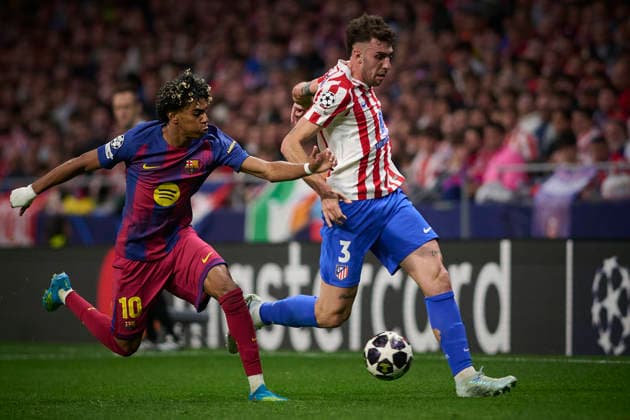 Atletico de Madrid s Matteo Ruggeri (r) and FC Barcelona, Barca Ä™s Lamine Yamal during Champions League 2025 2026, quarter-final, 2nd leg, April 14 ,2026. (20260414075)