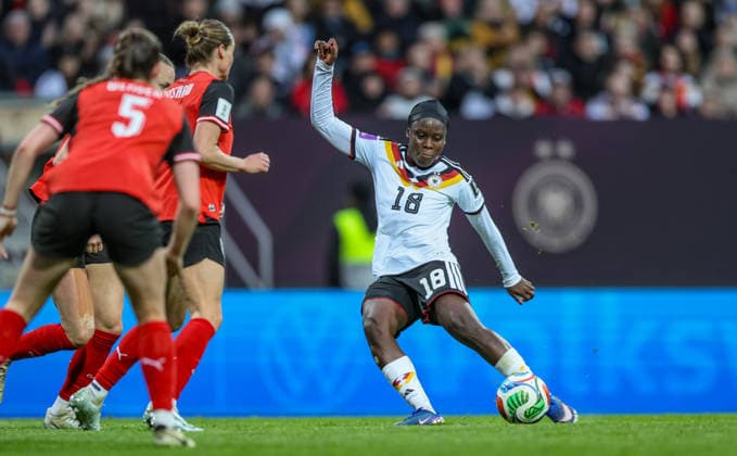 GER, Nürnberg, Deutschland vs Österreich, Länderspiel, Fussball, FIFA, Spielzeit 2026 2027, WM-Qualifikation, Max-Morlock-Stadion, 3. Spieltag im Bild: Nicole Anyomi (Deutschland Frauen 18) DFB DFL REGULATIONS PROHIBIT ANY USE OF PHOTOGRAPHS AS IMAGE SEQUENCES AND OR QUASI-VIDEO, 14.04.2026 Copyright: HMBxMedia HendrikxHamelau