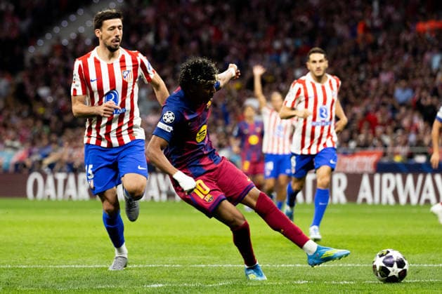 April 14, 2026, Barcelona, Barcelona, Spain: Clement Lenglet (L) of Atletico de Madrid challenges for the ball with Lamine Yamal (R) of FC Barcelona, Barca during the UEFA Champions League Quarter Final second leg match between Atletico de Madrid and FC Barcelona at Riyadh Air Metropolitano on April 14, 2026 in Madrid, Spain. Atletico De Madrid Vs FC Barcelona - UEFA Champions League Quarter Final  - ZUMAs316 20260414_znp_s316_024 Copyright: xMartixSeguraxRamonedax