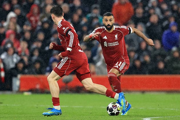 RECORD DATE NOT STATED 14th April 2026; Anfield, Liverpool, Merseyside, England; UEFA Champions League Football, Liverpool versus Paris Saint Germain; Mohammed Salah of Liverpool runs with the ball DavidxBlunsden