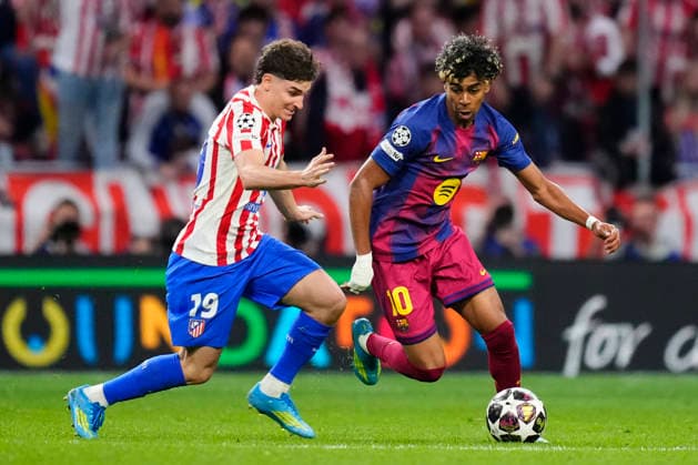 Atletico de Madrid v FC Barcelona, Barca - UEFA Champions League 2025 26 Quarter-Final Second Leg Lamine Yamal right winger of Barcelona and Spain and Julian Alvarez centre-forward of Atletico de Madrid and Argentina compete for the ball during the UEFA Champions League 2025 26 Quarter-Final Second Leg match between Club AtlÃ tico de Madrid and FC Barcelona at Estadio Riyadh Air Metropolitano on April 14, 2026 in Madrid, Spain. Madrid Spain  Copyright: xJosexBretonx originalFilename:bretonhernandez-atletico260414_npQU9.jpg