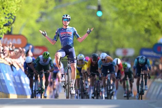Belgian Tim Merlier of Soudal Quick-Step celebrates after winning the Ronde Van Limburg one day cycling race, from Hasselt to Tongeren-Borgloon (178,4 km) on Wednesday 15 April 2026. DAVIDxPINTENS  x170895476x